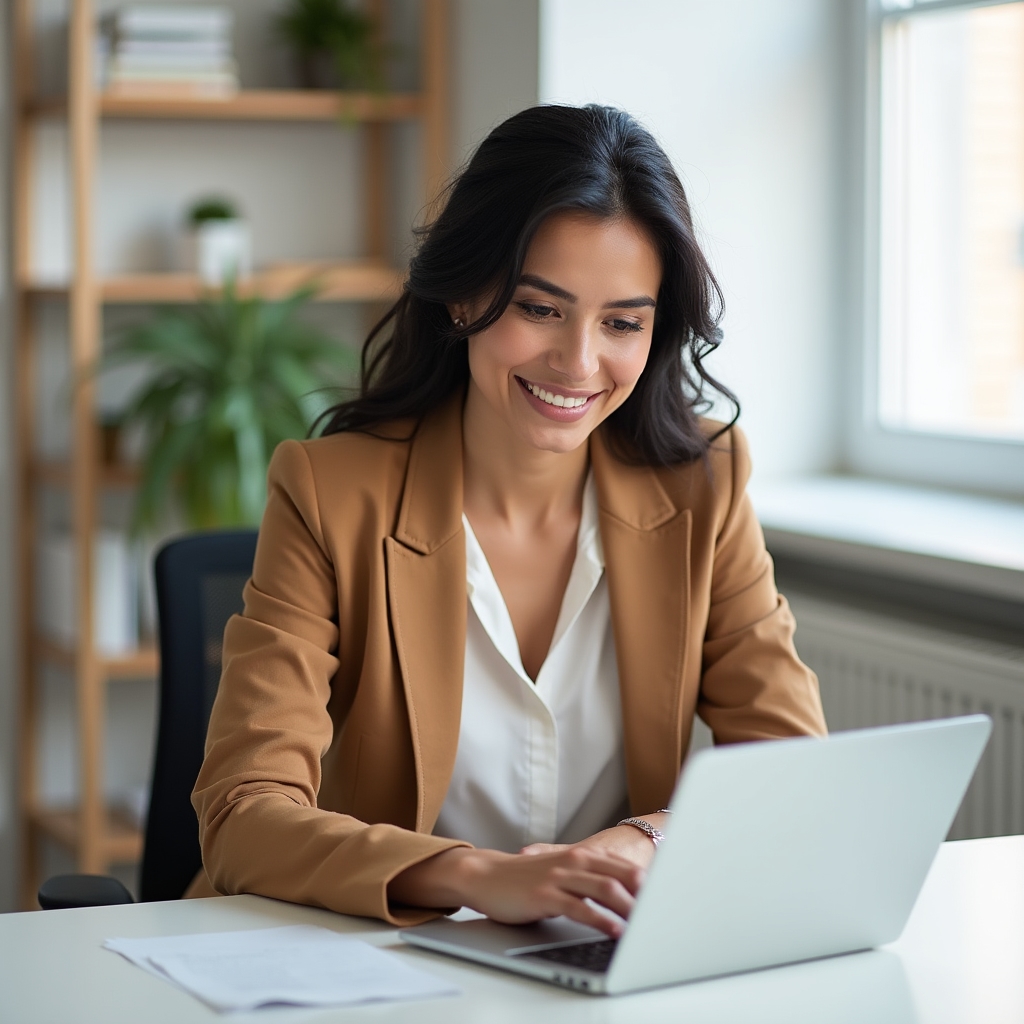 Professionista concentrata che scrive con sicurezza al computer in un ufficio luminoso
