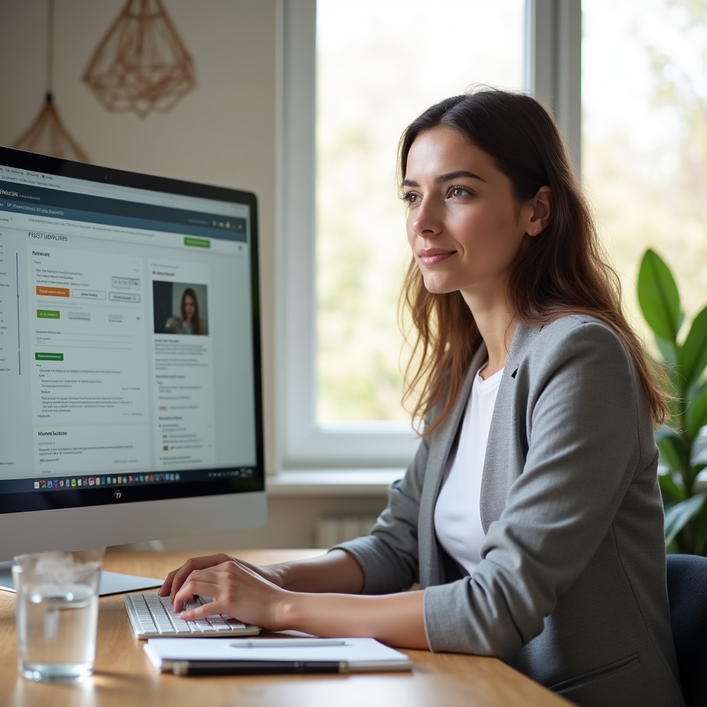 Professionista che segue il corso online dalla propria scrivania in un ambiente di lavoro moderno