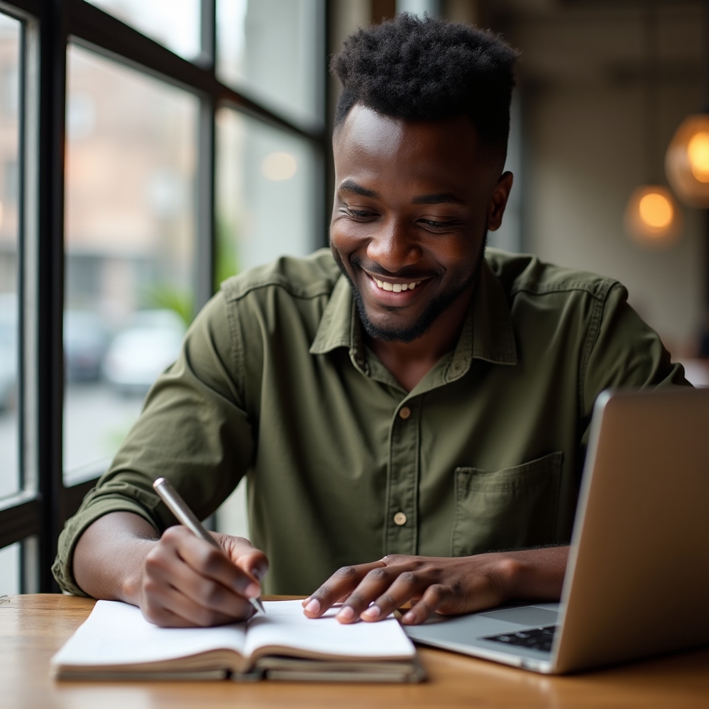 Professionista che prende appunti a mano durante una sessione di pianificazione dei contenuti